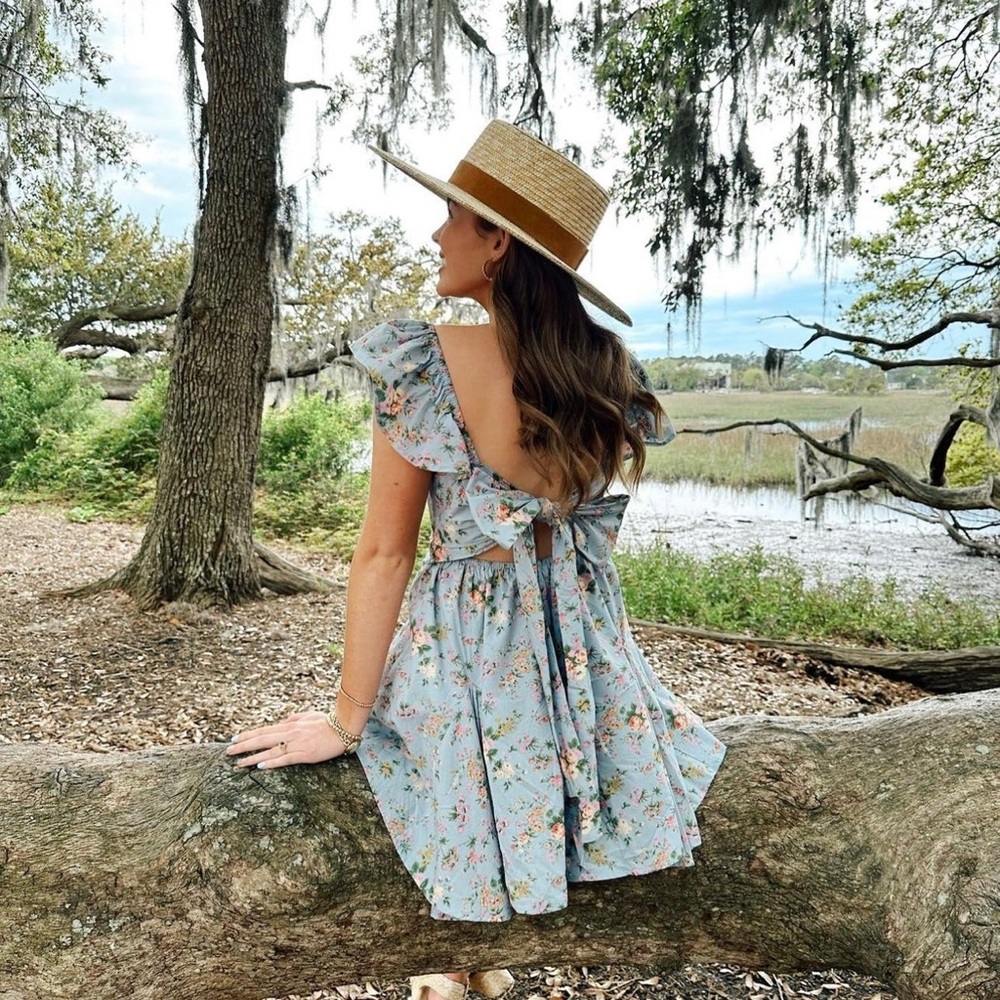 Sweet light blue floral mini dress with open back and tie.